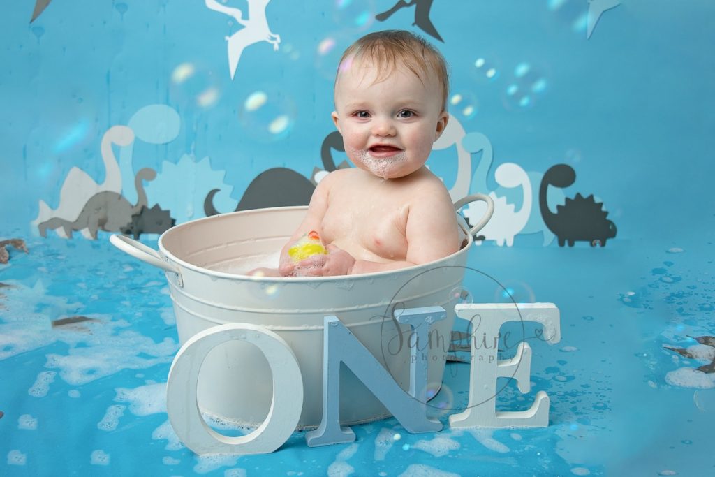 dino cake smash and splash birthday boy blue white Samphire Photography