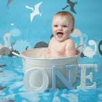 dino cake smash and splash birthday boy blue white Samphire Photography