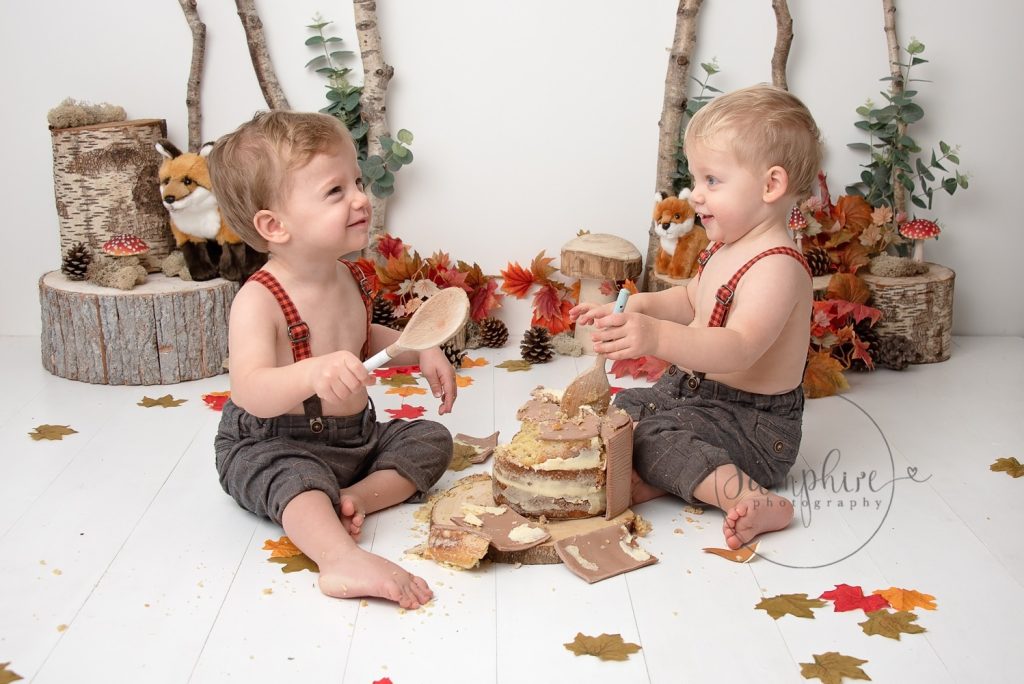 Woodland themed twin cake smash autumn by Samphire Photography