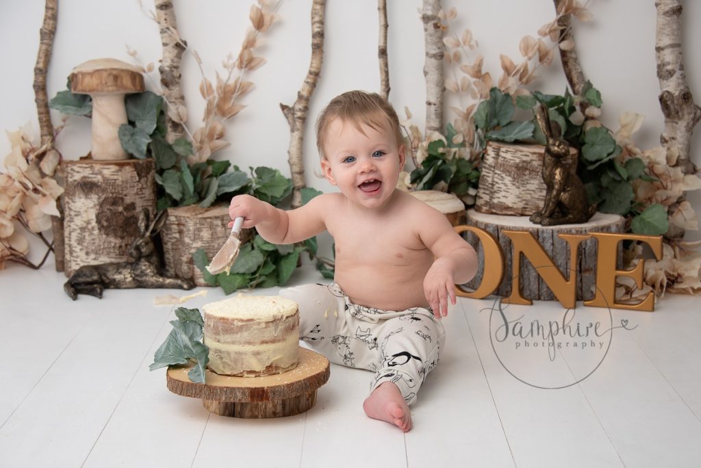 Enchanting Woodland Cake Smash green gold Samphire Photography Sussex