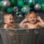 Experienced Portrait Photographer Sussex samphire photography happy twins green grey cake smash splash 2019