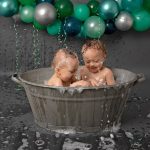 Experienced Portrait Photographer Sussex samphire photography happy twins green grey cake smash splash 2019