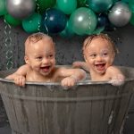 Experienced Portrait Photographer Sussex samphire photography happy twins green grey cake smash splash 2019
