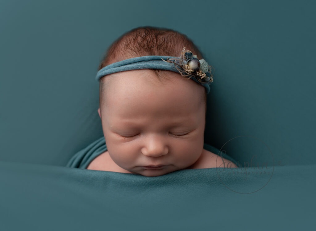 teal headband photograph your newborn baby at home Samphire Photography Sussex