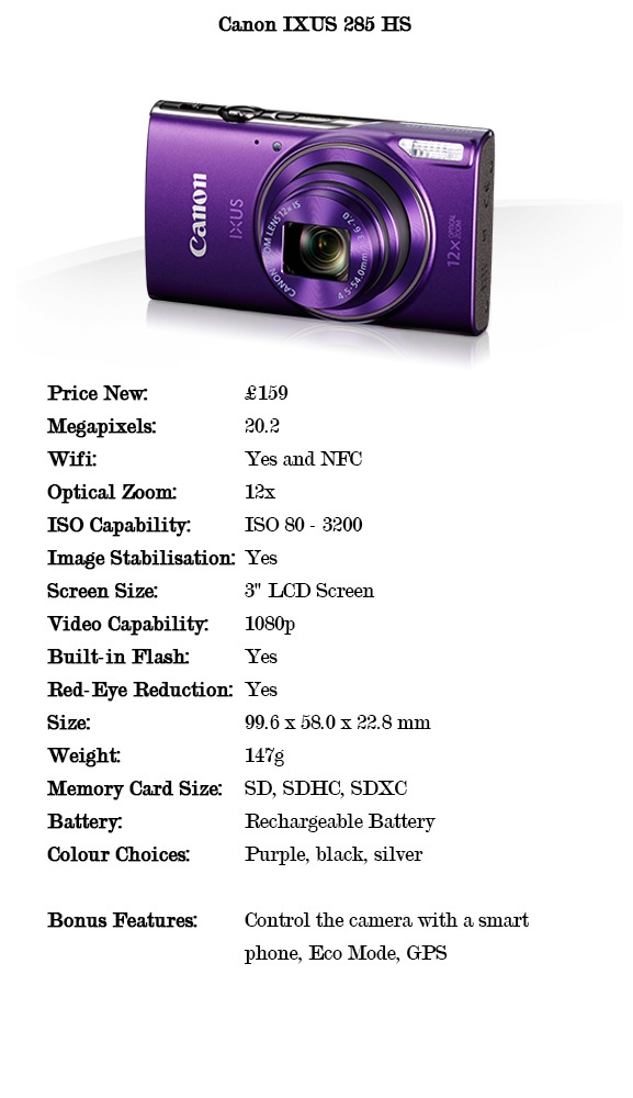 Comparison specifications for the Canon Ixus 285 HS cameras for under £150