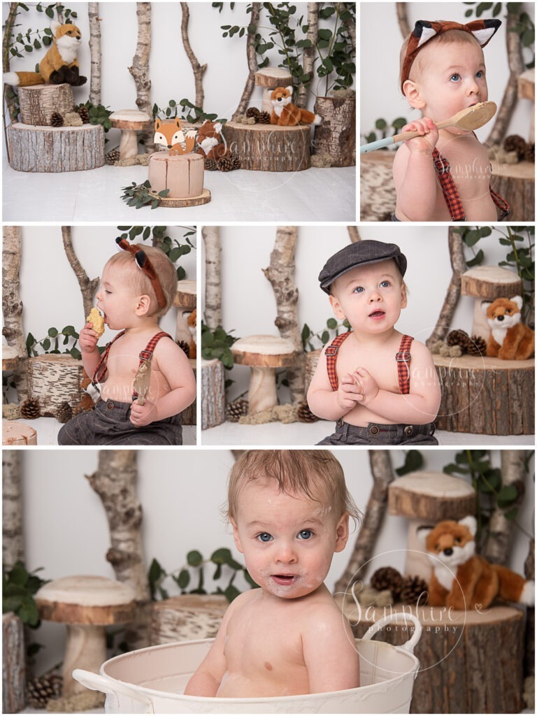 woodland fox cake smash first birthday studio portraits by Samphire Photography happy boy Horsham Brighton Sussex