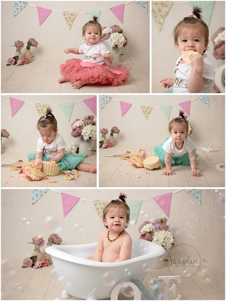 Classic cake smash by Samphire Photography Sussex flowers bunting bespoke
