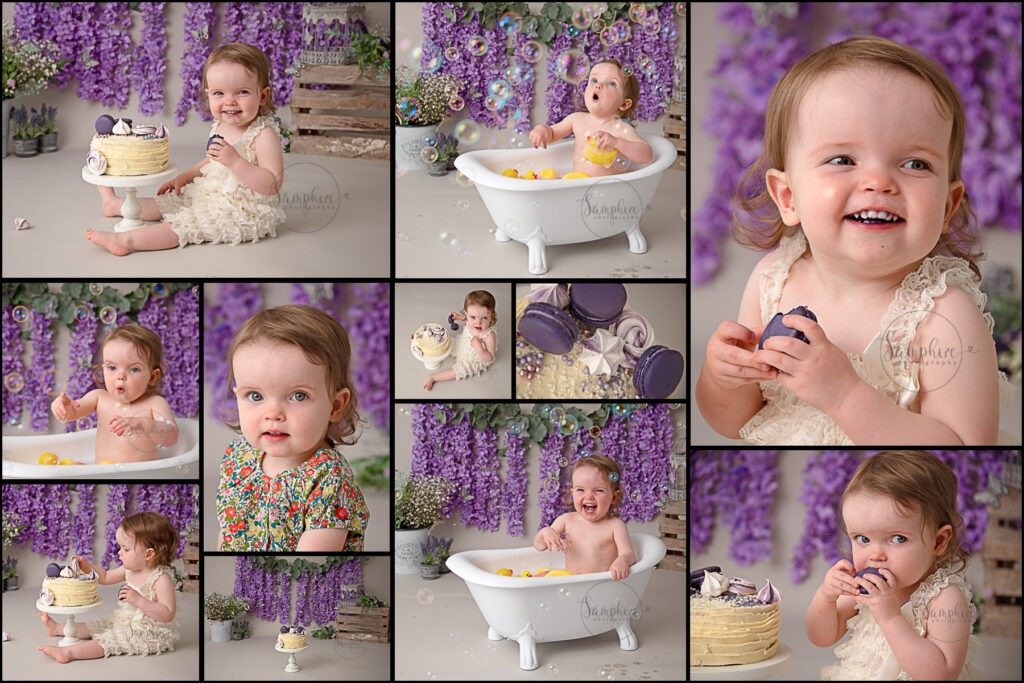Cake smash photography near me Samphire Sussex happy purple floral