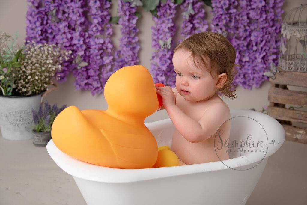 Cake smash photography near me Samphire purple floral duck