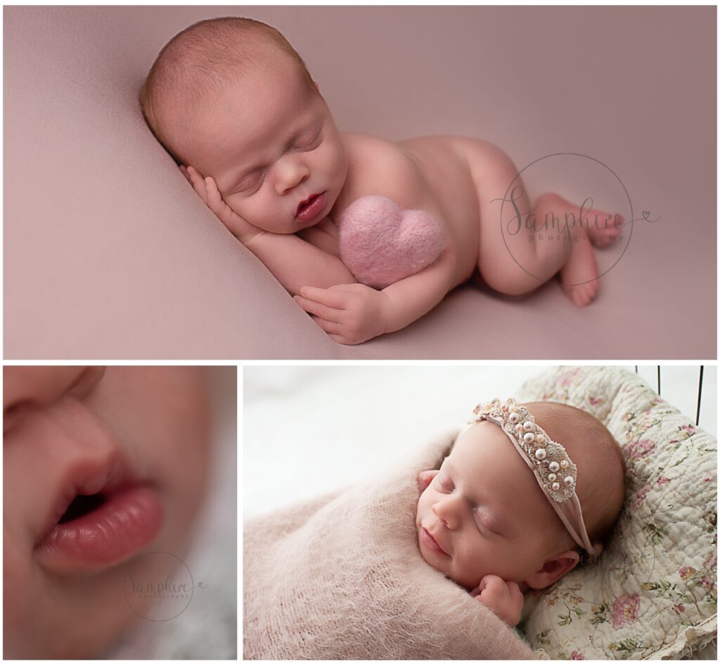 sleeping baby girl pink peach heart newborn photographer Billingshurst Samphire Photography Sussex