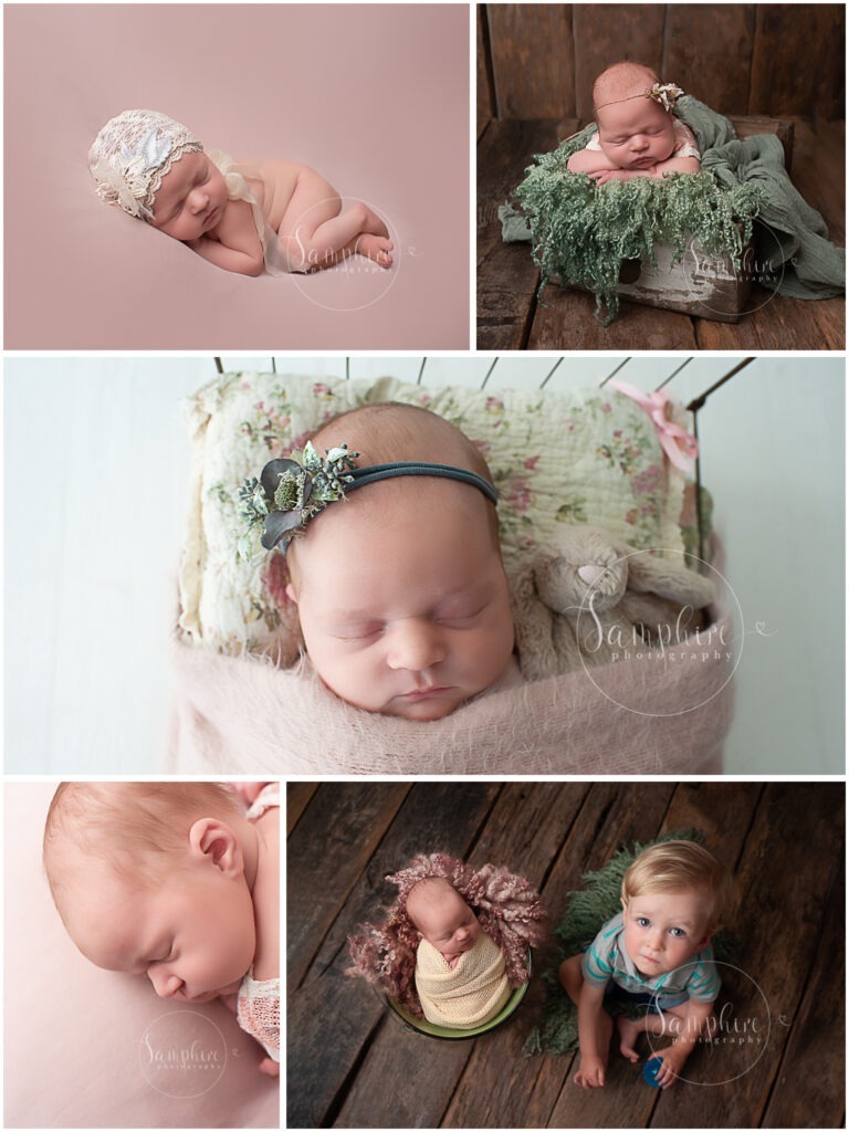 montage of baby studio portraits pink green floral lace newborn baby photography near me