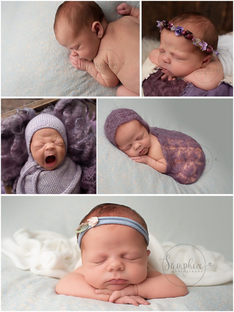 experienced newborn photographer sussex sleeping girl blue headband purple layers Samphire Photography