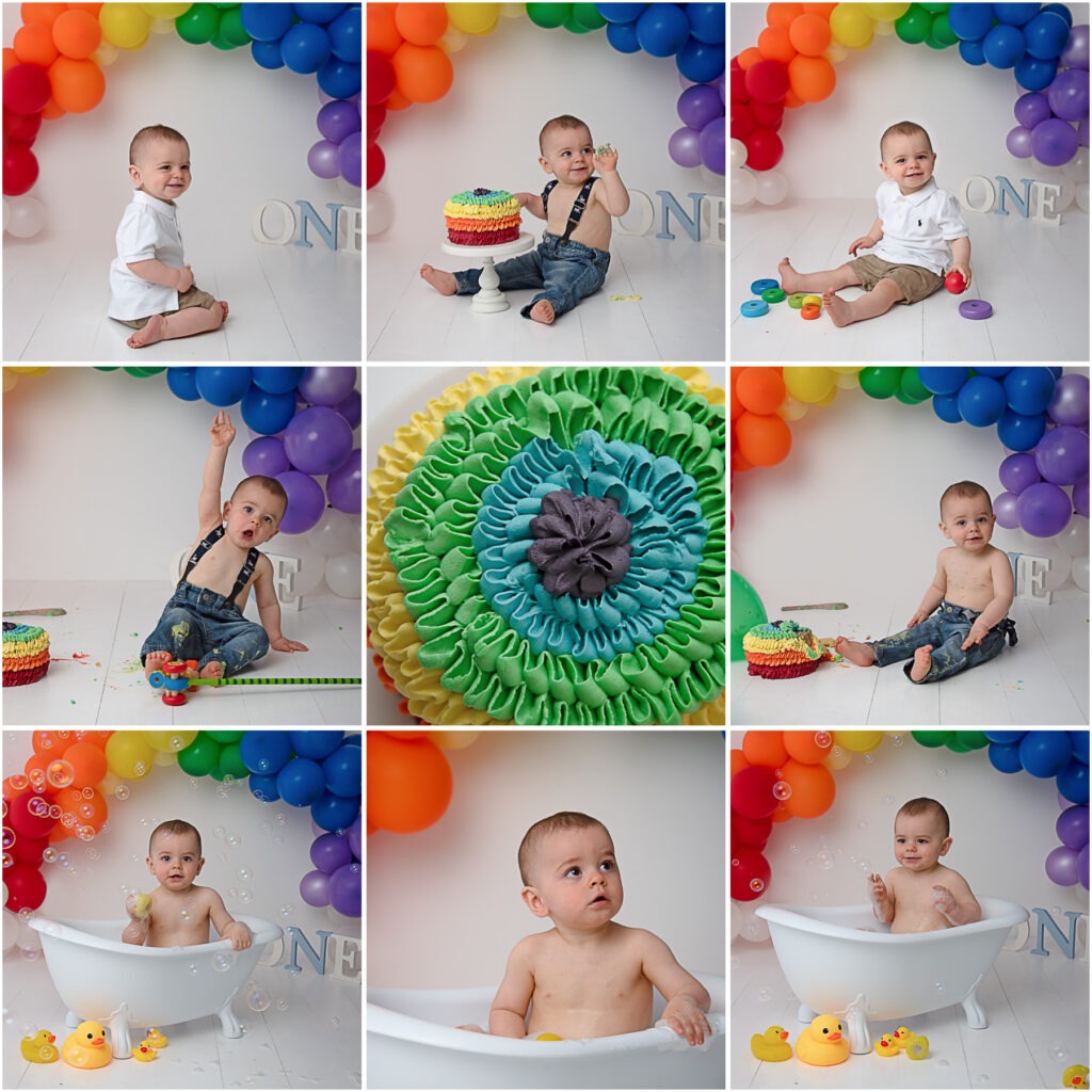 bright rainbow cake smash Samphire Photography Sussex