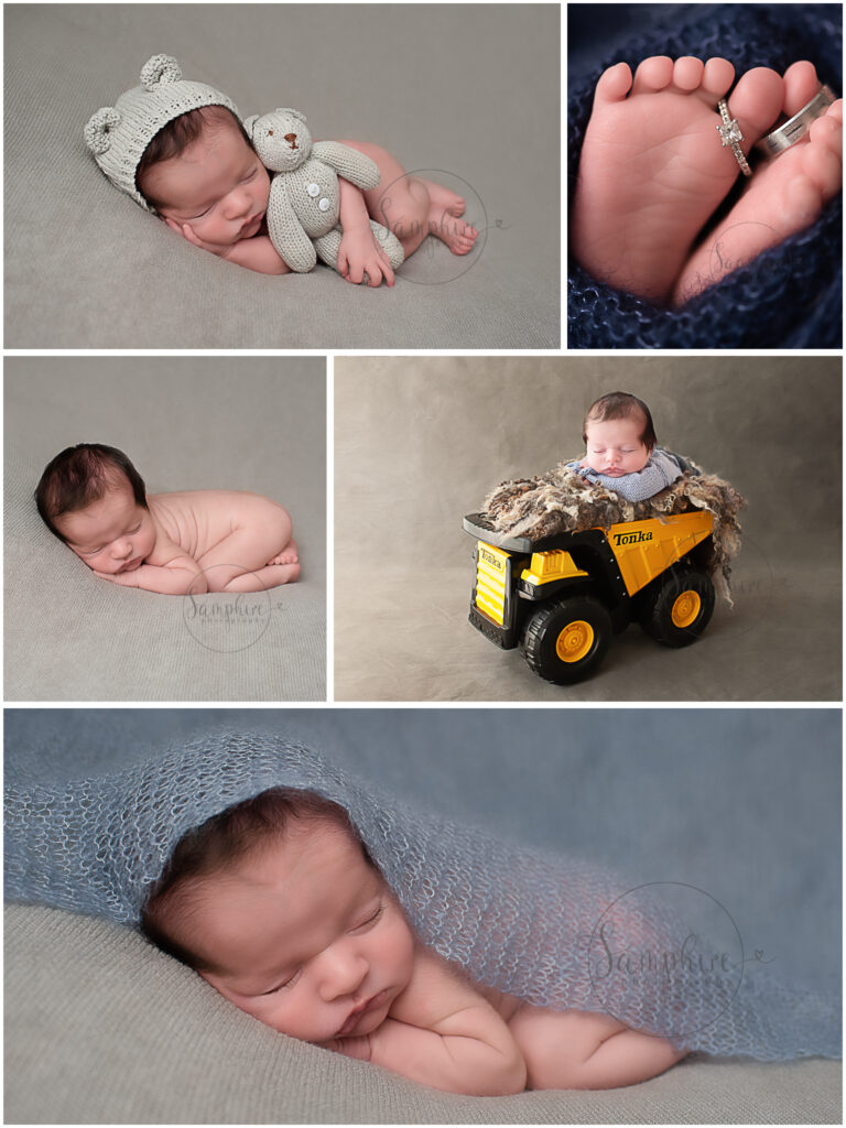 baby photographer Sussex experienced sleepy newborn boy blue knits layers tonka samphire photography
