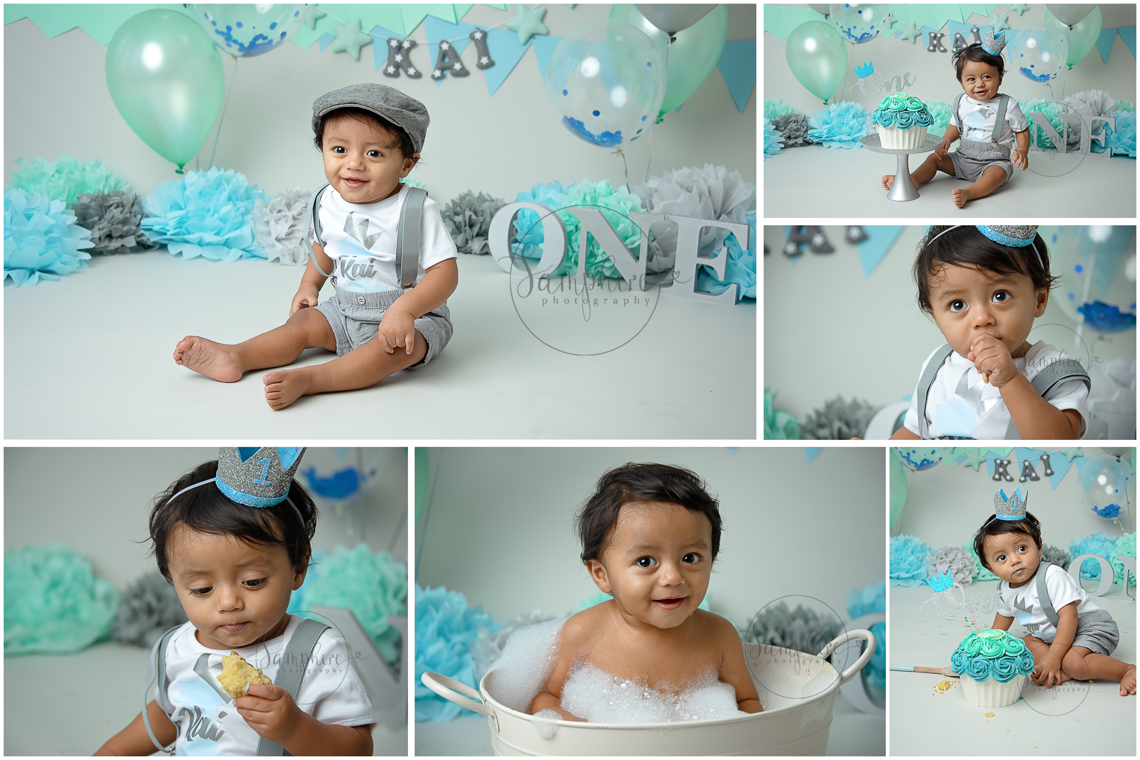 West Sussex cake smash photoshoot mint blue silver grey Samphire Photography Horsham