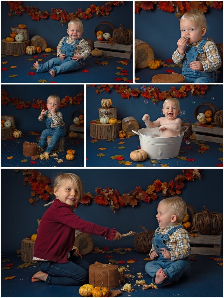 cake smash Autumn pumpkins leaves birthday boy photographer west sussex Samphire Photography