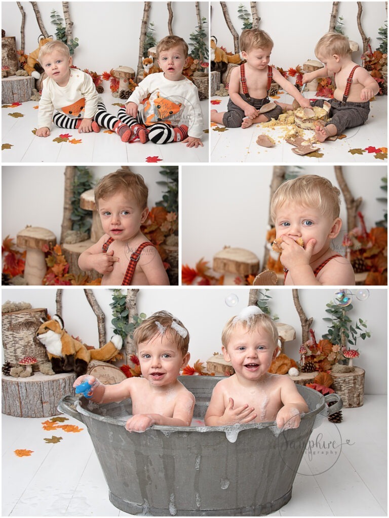 Woodland themed twin cake smash autumn by Samphire Photography