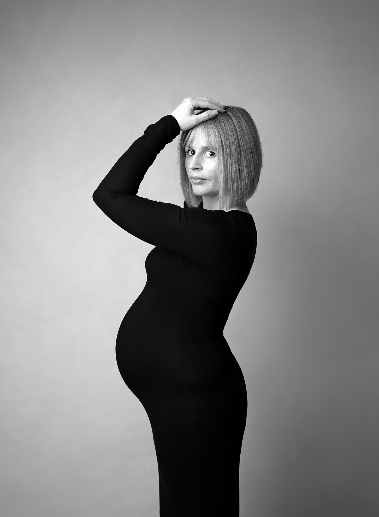 Black and white pregnancy portrait taken during maternity photoshoot Billingshurst